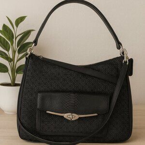 Coach Black Signature Hobo Shoulder Bag with Front Turnlock Pocket